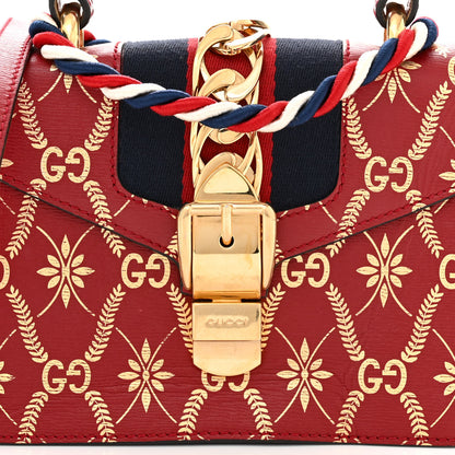 Gucci Textured Calfskin Bee Star Print Mini Sylvie Top Handle Bag Hibiscus Red 8 of 10