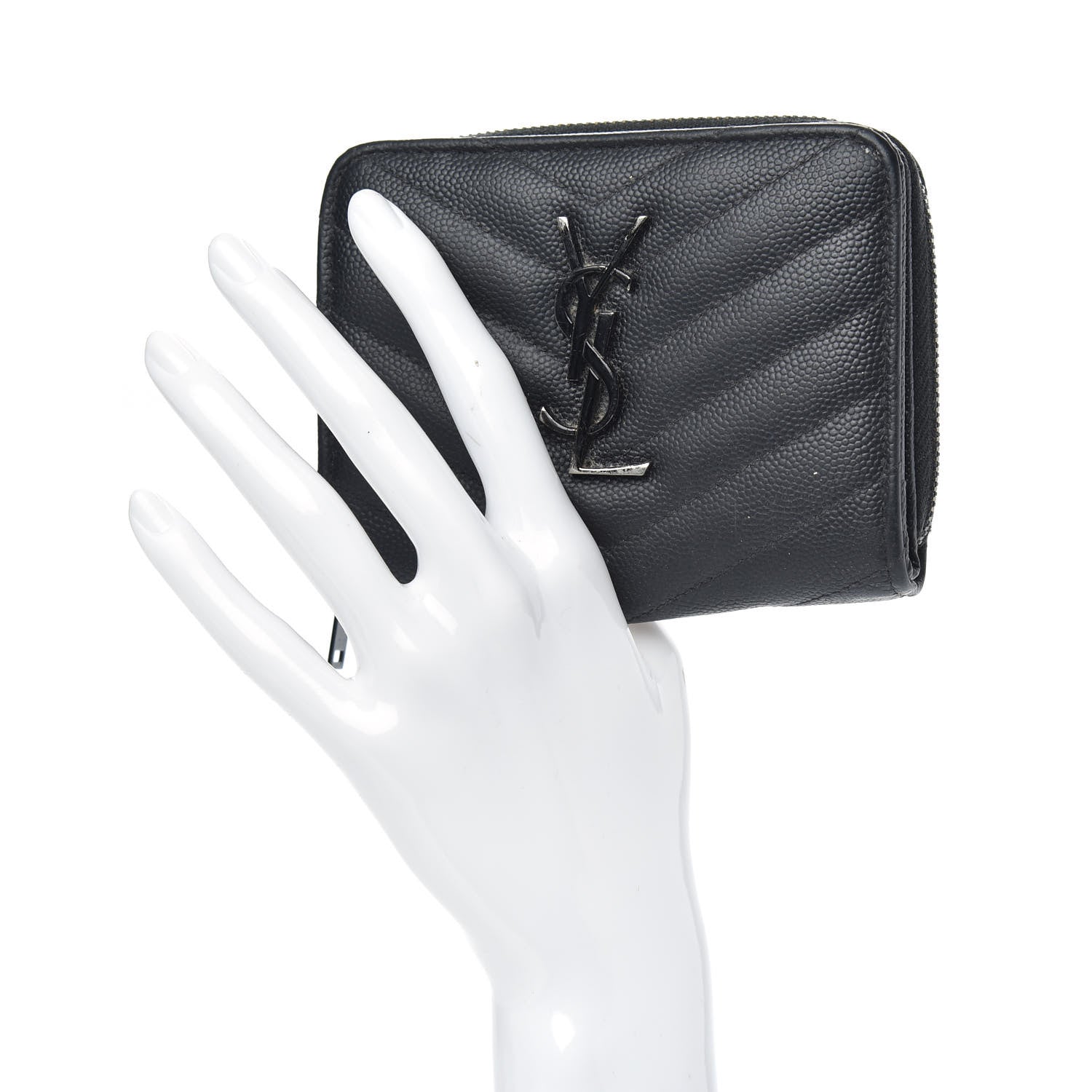 Saint Laurent Grain De Poudre Matelasse Chevron Monogram Compact Zip Around Wallet Black 2 of 11