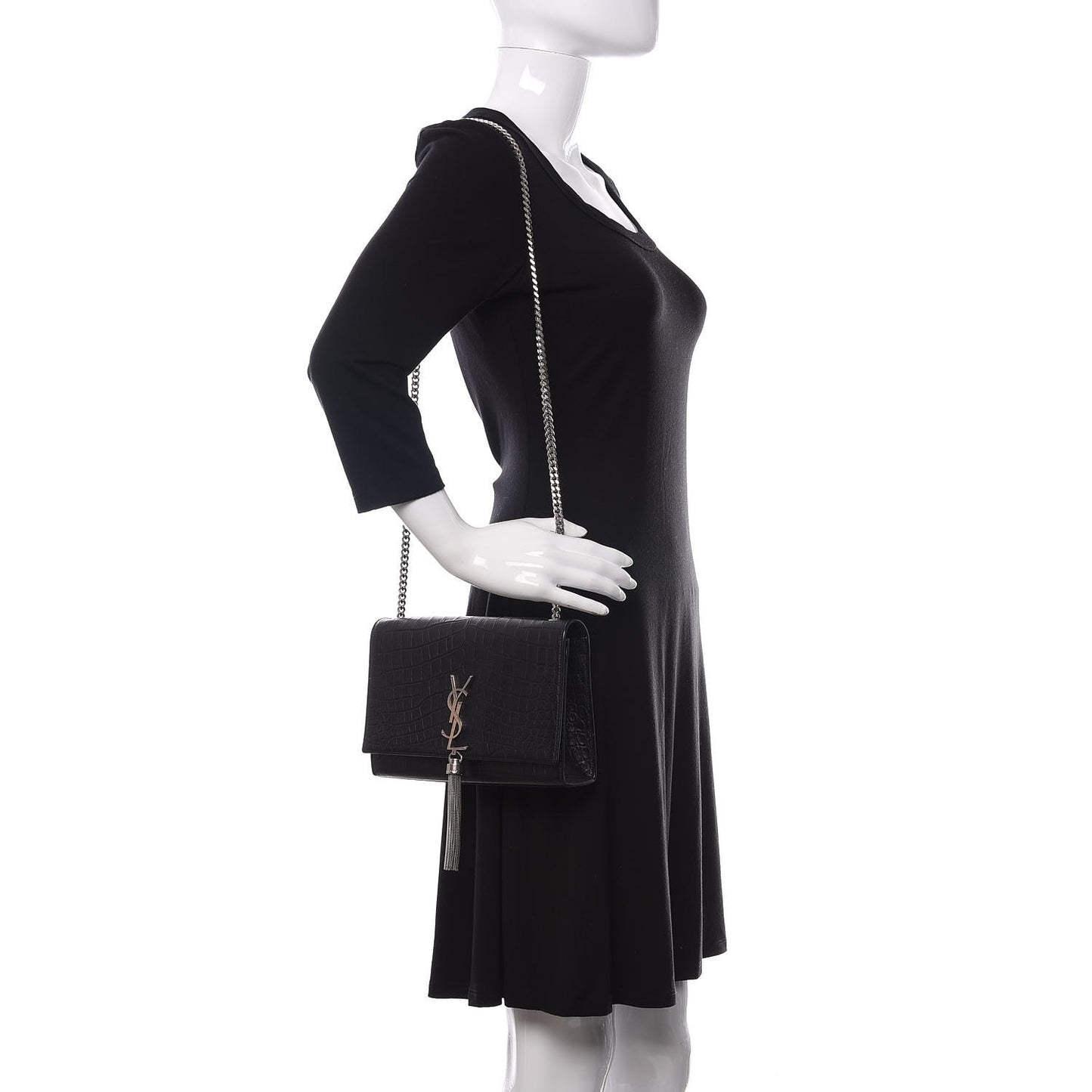 Calfskin Crocodile Embossed Medium Classic Monogram Kate Tassel Satchel Black