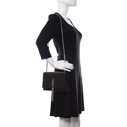 Saint Laurent Calfskin Crocodile Embossed Medium Classic Monogram Kate Tassel Satchel Black 2 of 9