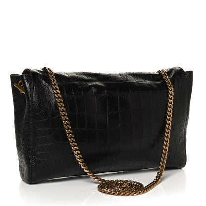 Saint Laurent Calfskin Crocodile Embossed Suede Medium Reversible Monogram Kate Satchel Military Taupe 4 of 16
