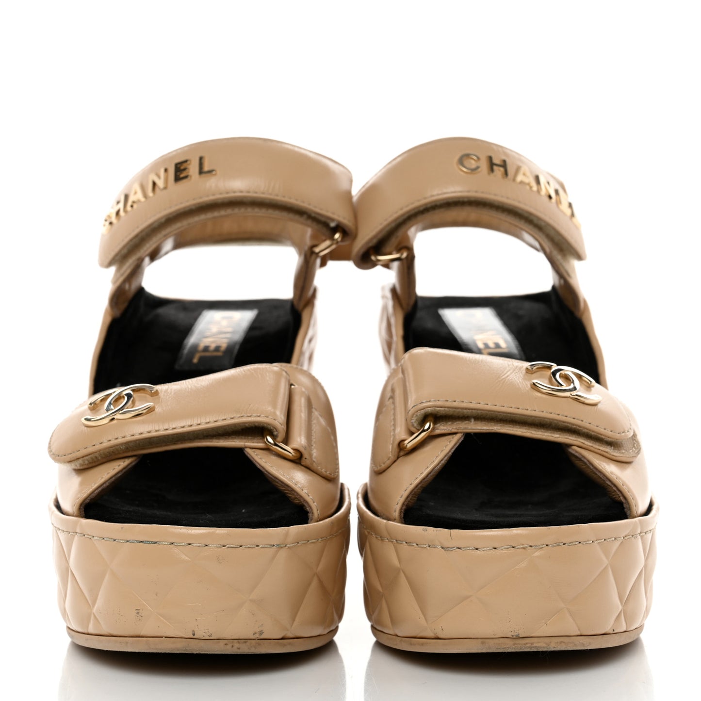 Shiny Calfskin Quilted Wedge Sandals 37 Beige