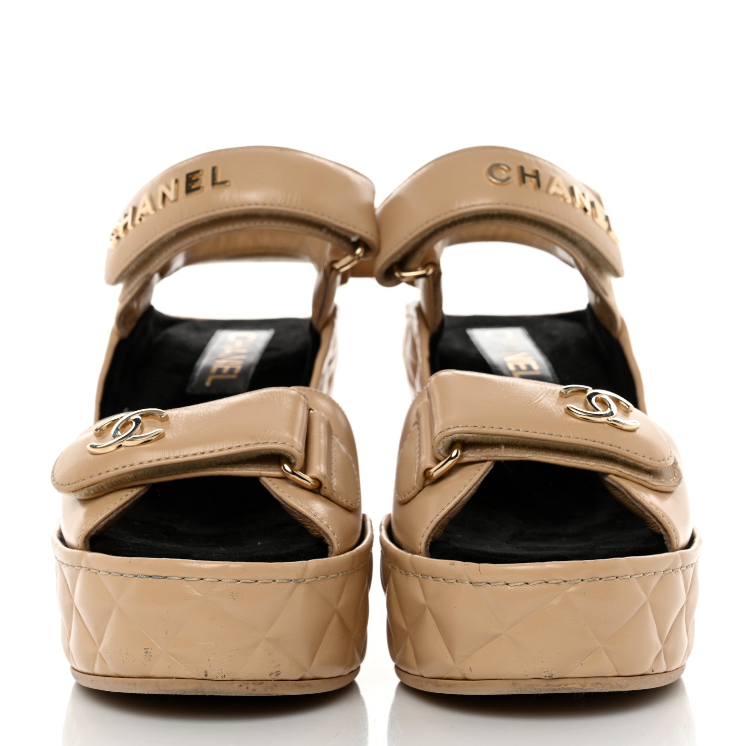 Chanel Shiny Calfskin Quilted Wedge Sandals 37 Beige 2 of 9