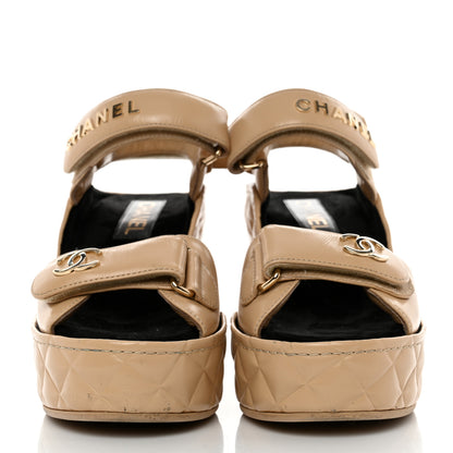 Chanel Shiny Calfskin Quilted Wedge Sandals 37 Beige 2 of 9
