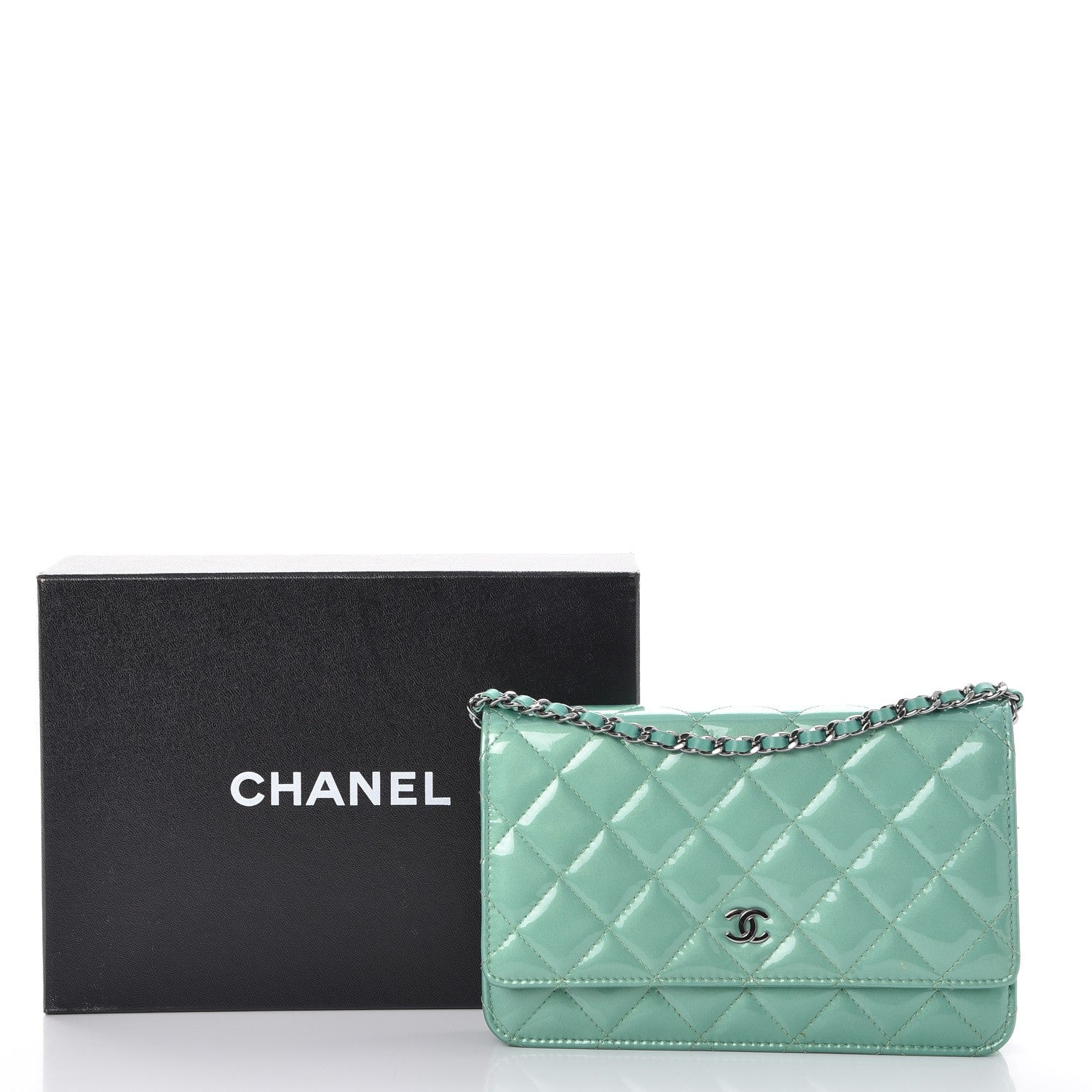 Chanel Patent Quilted Wallet On Chain WOC Green 12 of 12