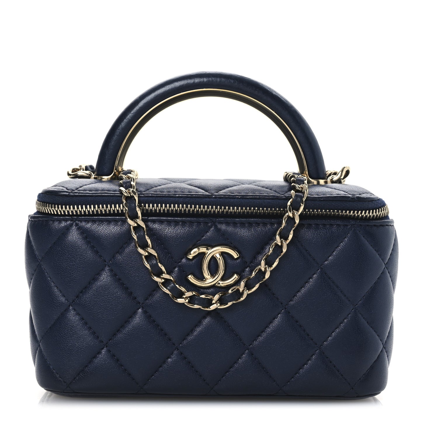 Lambskin Quilted Small Charming Top Handle Vanity Case With Chain Navy Blue
