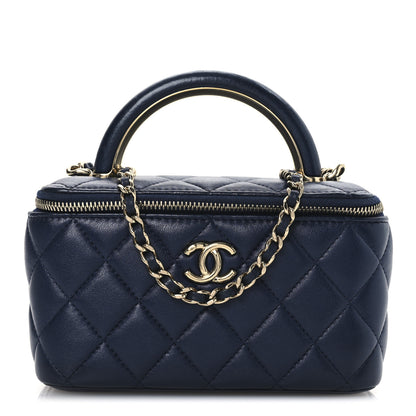 Chanel Lambskin Quilted Small Charming Top Handle Vanity Case With Chain Navy Blue 1 of 12