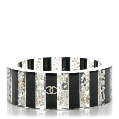 Chanel Resin Pearl Striped CC Cuff Bangle Black 1 of 4