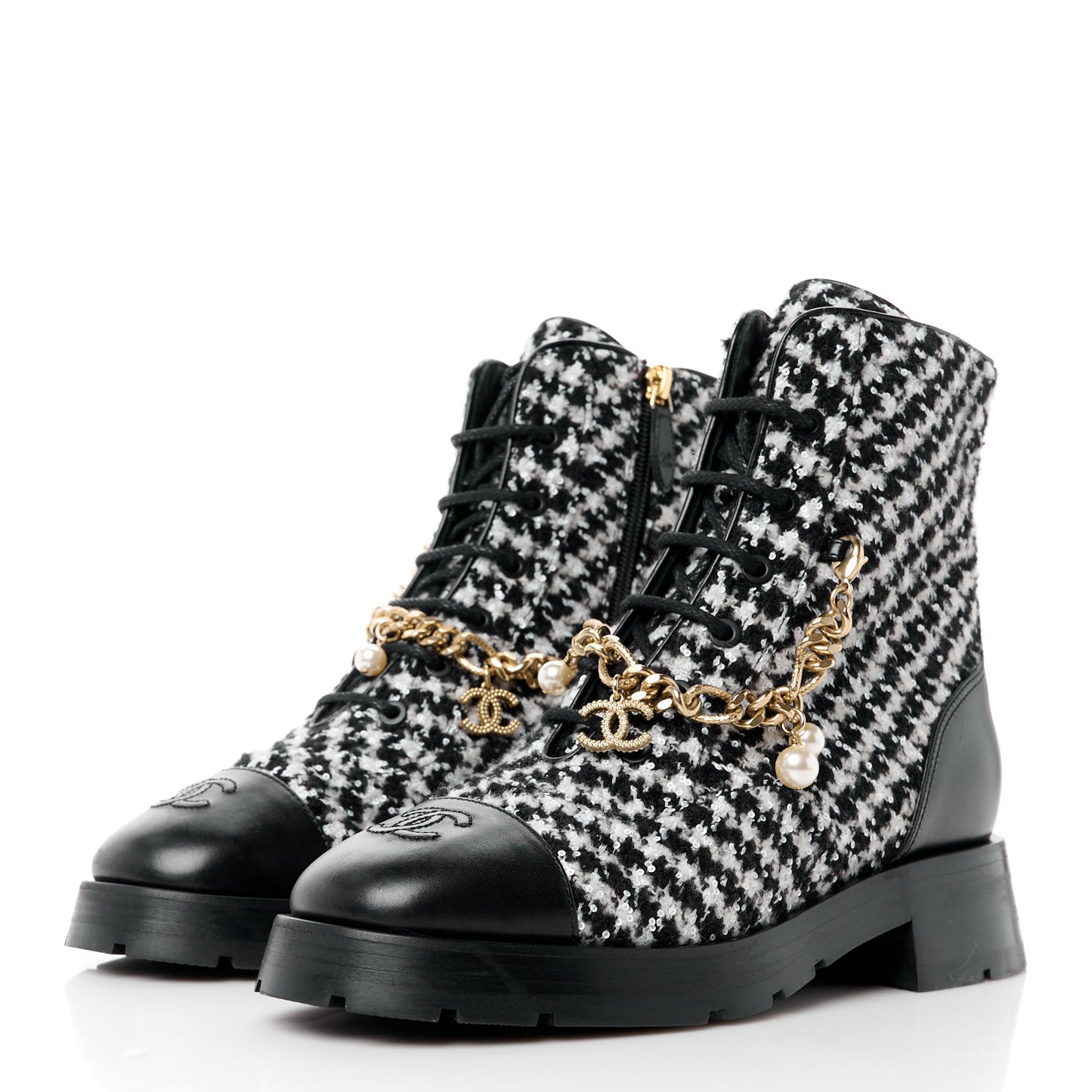 Wool Tweed Calfskin Chain Lace Up Combat Boots 38.5 Black White