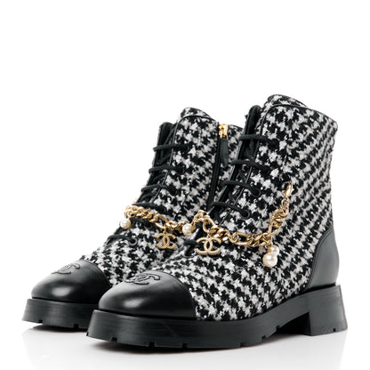 Chanel Wool Tweed Calfskin Chain Lace Up Combat Boots 38.5 Black White 2 of 9