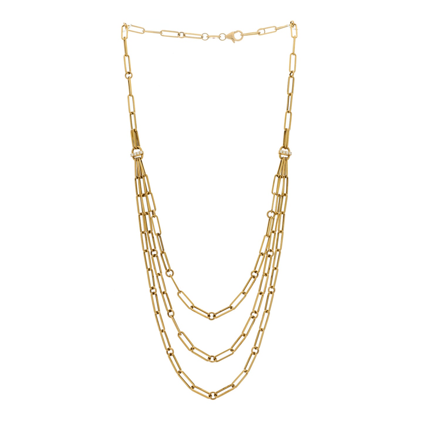 18K Yellow Gold Diamond Paperclip Triple Strand Bib Necklace