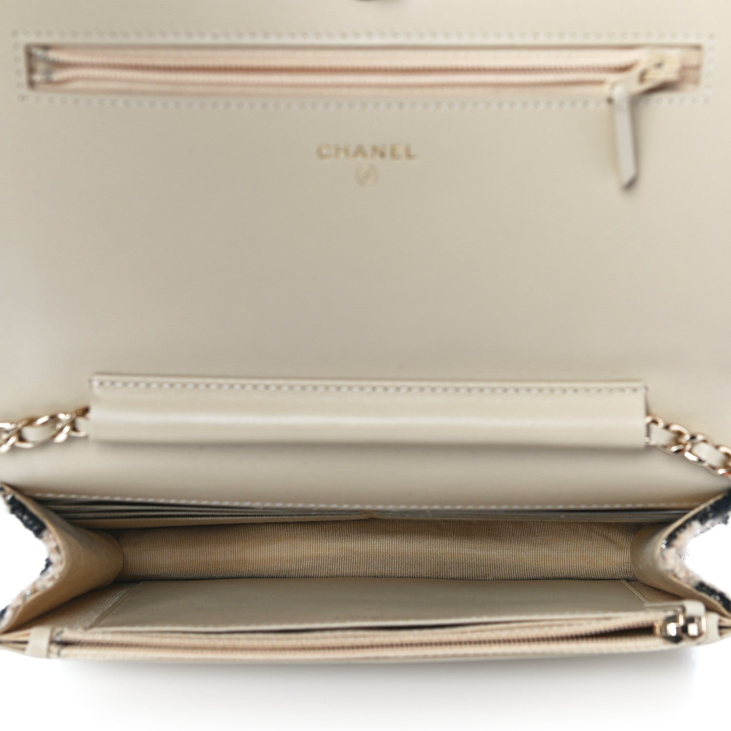 Chanel Tweed Shearling Quilted Chanel Wallet On Chain WOC and Coin Purse Beige Black 6 of 14