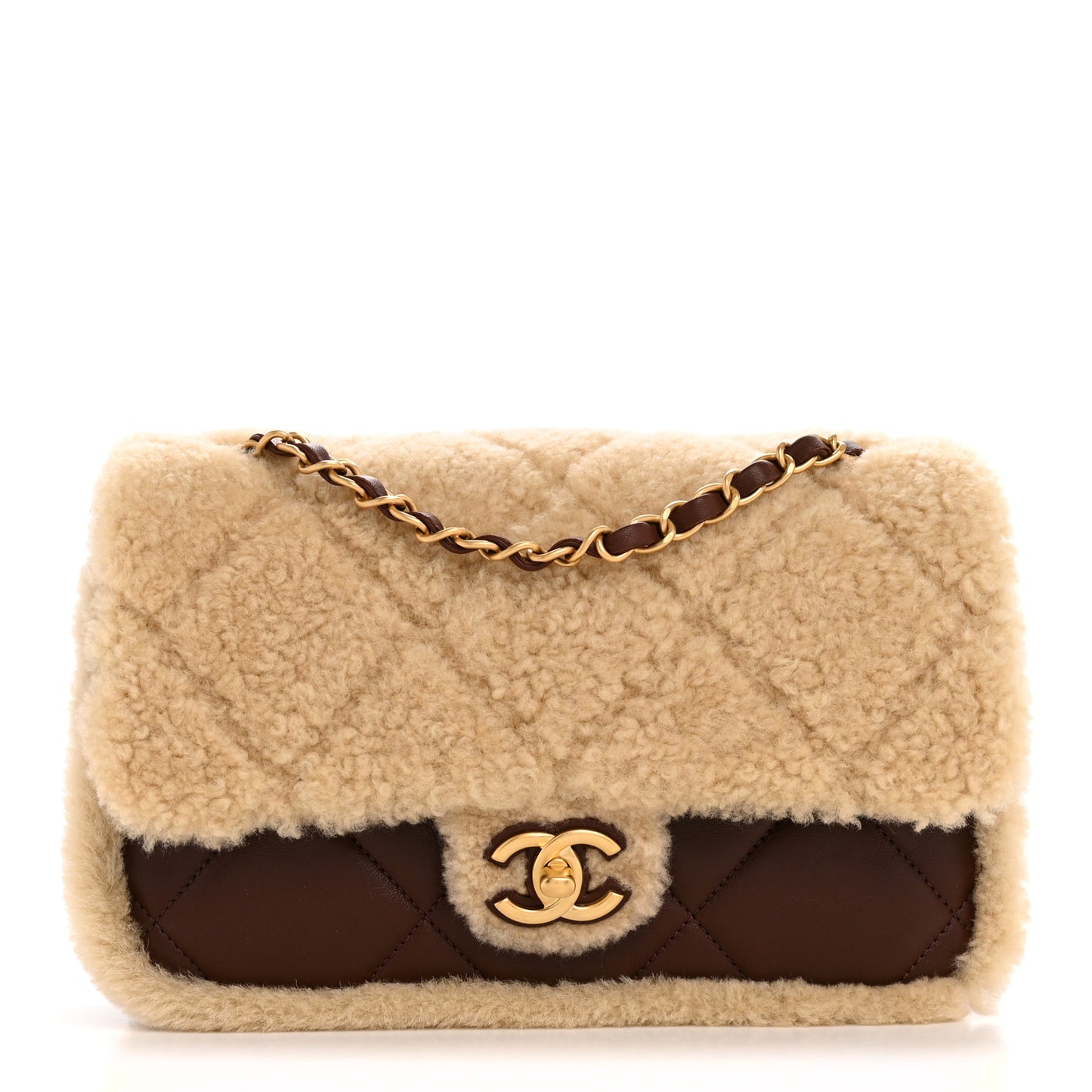 Shearling Lambskin Quilted Furry Coco Flap Beige Dark Brown