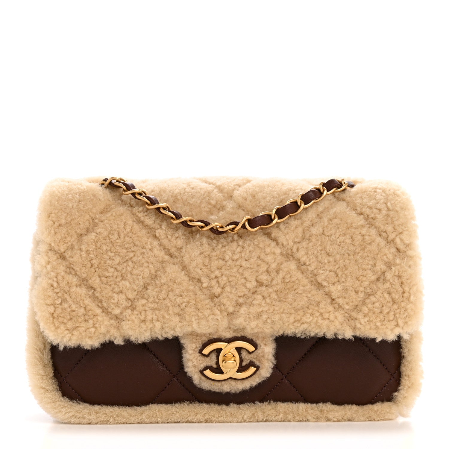 Chanel Shearling Lambskin Quilted Furry Coco Flap Beige Dark Brown 1 of 12