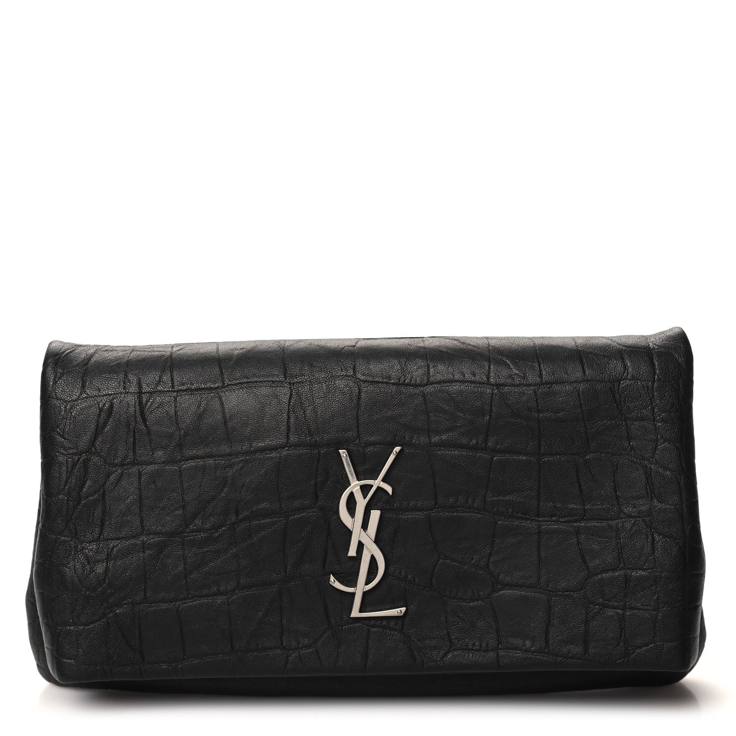 Calfskin Crocodile Embossed West Hollywood Monogram Fold Over Clutch Black