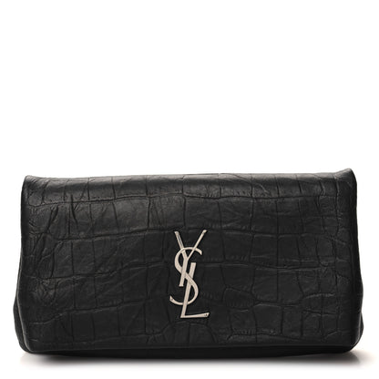 Saint Laurent Calfskin Crocodile Embossed West Hollywood Monogram Fold Over Clutch Black 1 of 10