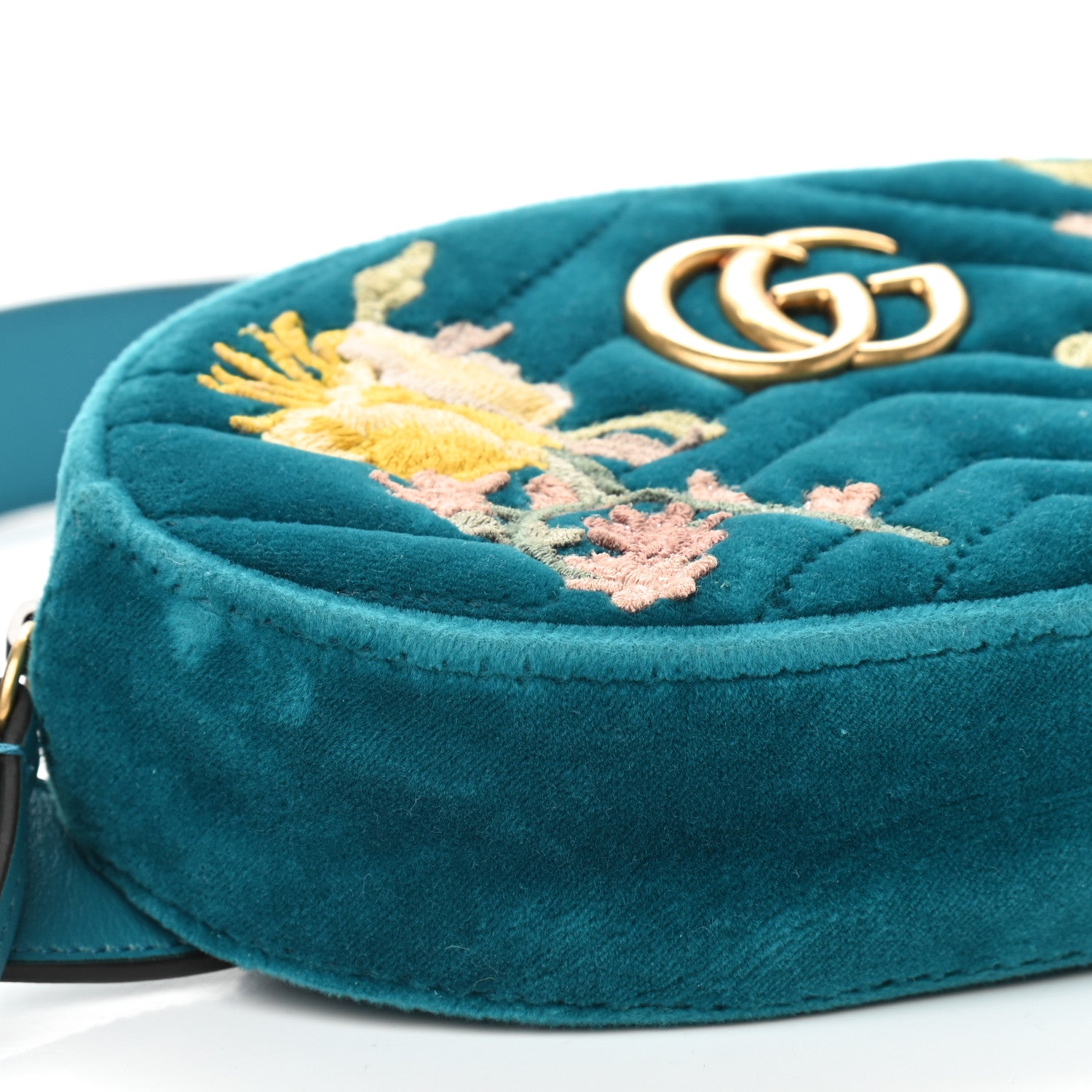 Gucci Velvet Matelasse Embroidered GG Marmont Belt Bag 85 34 Pavone Cyan 9 of 10