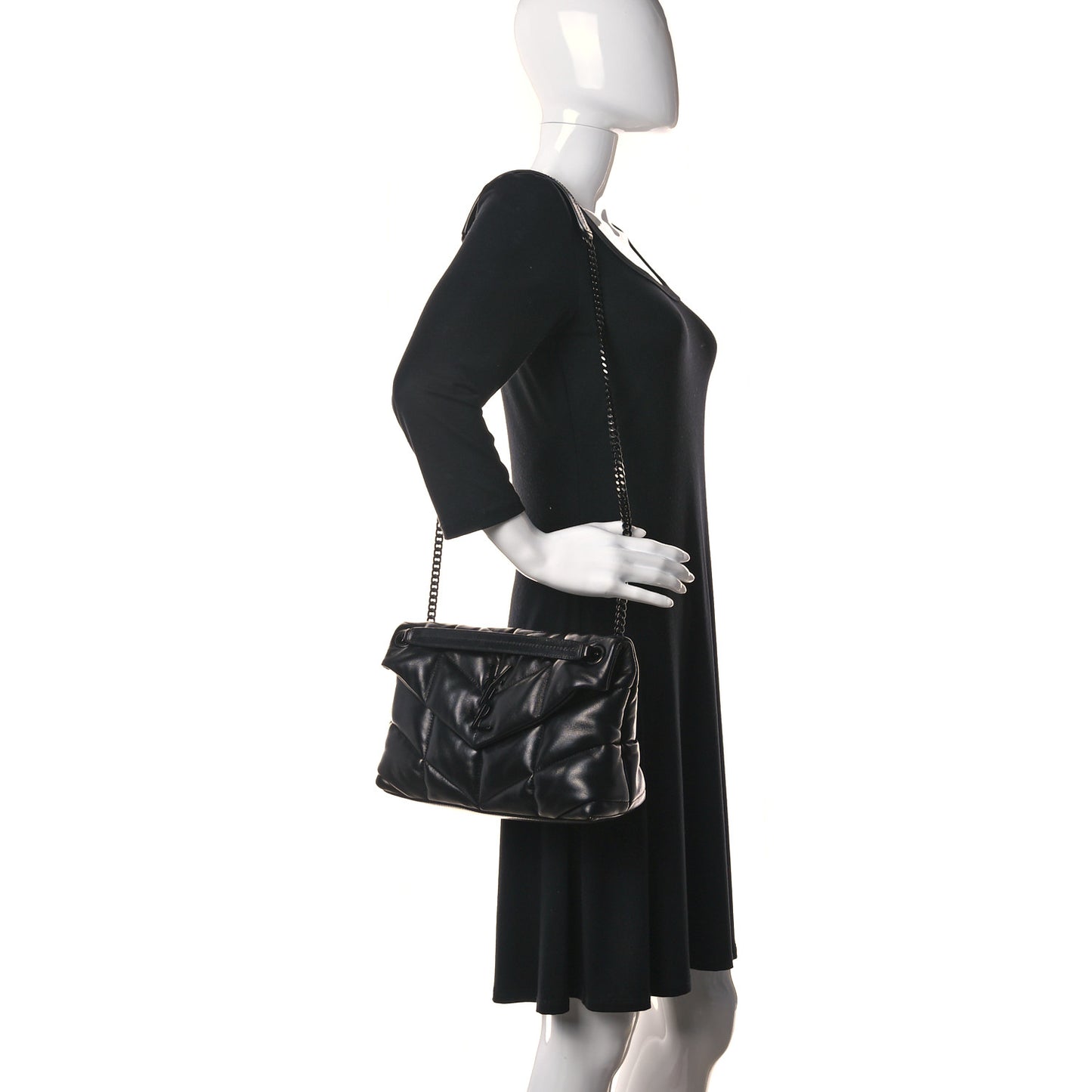 Lambskin Quilted Monogram Monochrome Small Loulou Puffer Chain Satchel Black