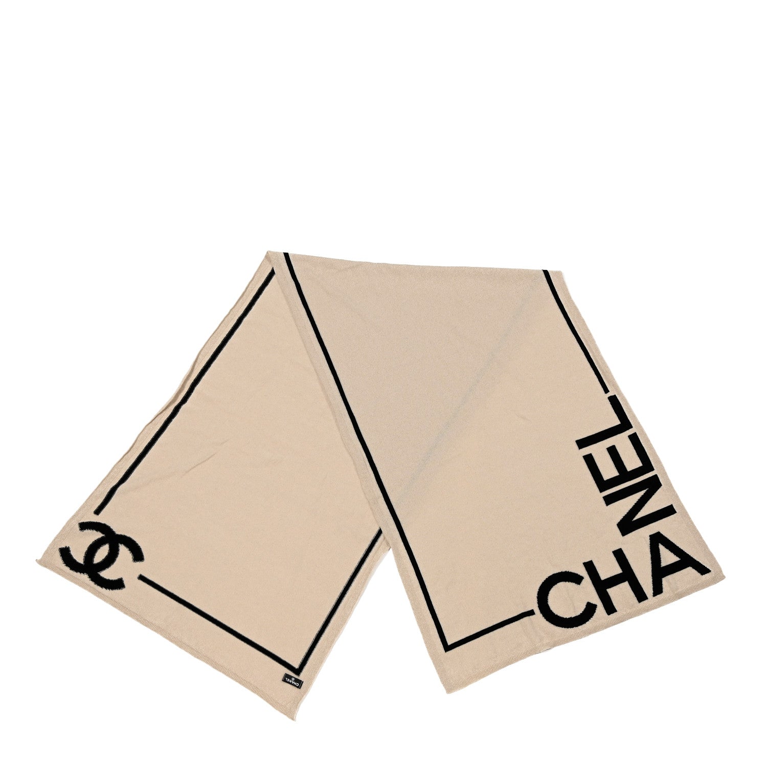 Chanel Cashmere Cotton CC Scarf Beige Black 2 of 3