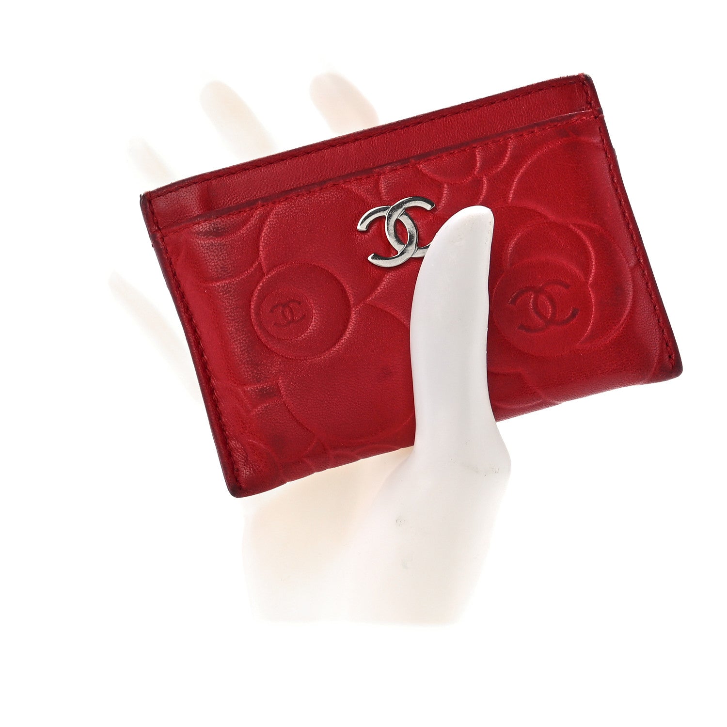 Chanel Lambskin Camellia Embossed Card Holder Red 2 of 12