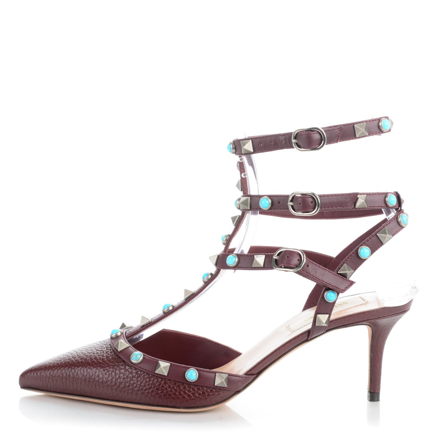 Pebbled Calfskin Turquoise Rockstud Rolling Ankle Strap 65mm Pumps 37.5 Rubin