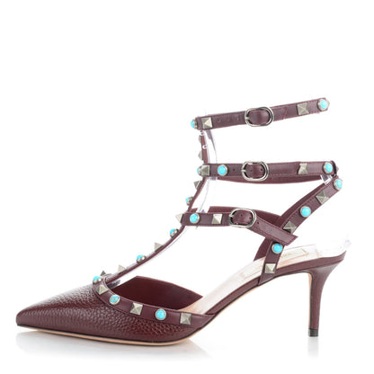 Valentino Garavani Pebbled Calfskin Turquoise Rockstud Rolling Ankle Strap 65mm Pumps 37.5 Rubin 1 of 9