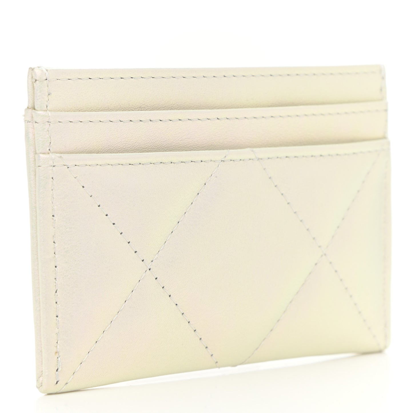 Iridescent Calfskin Quilted Chanel 19 Card Holder White