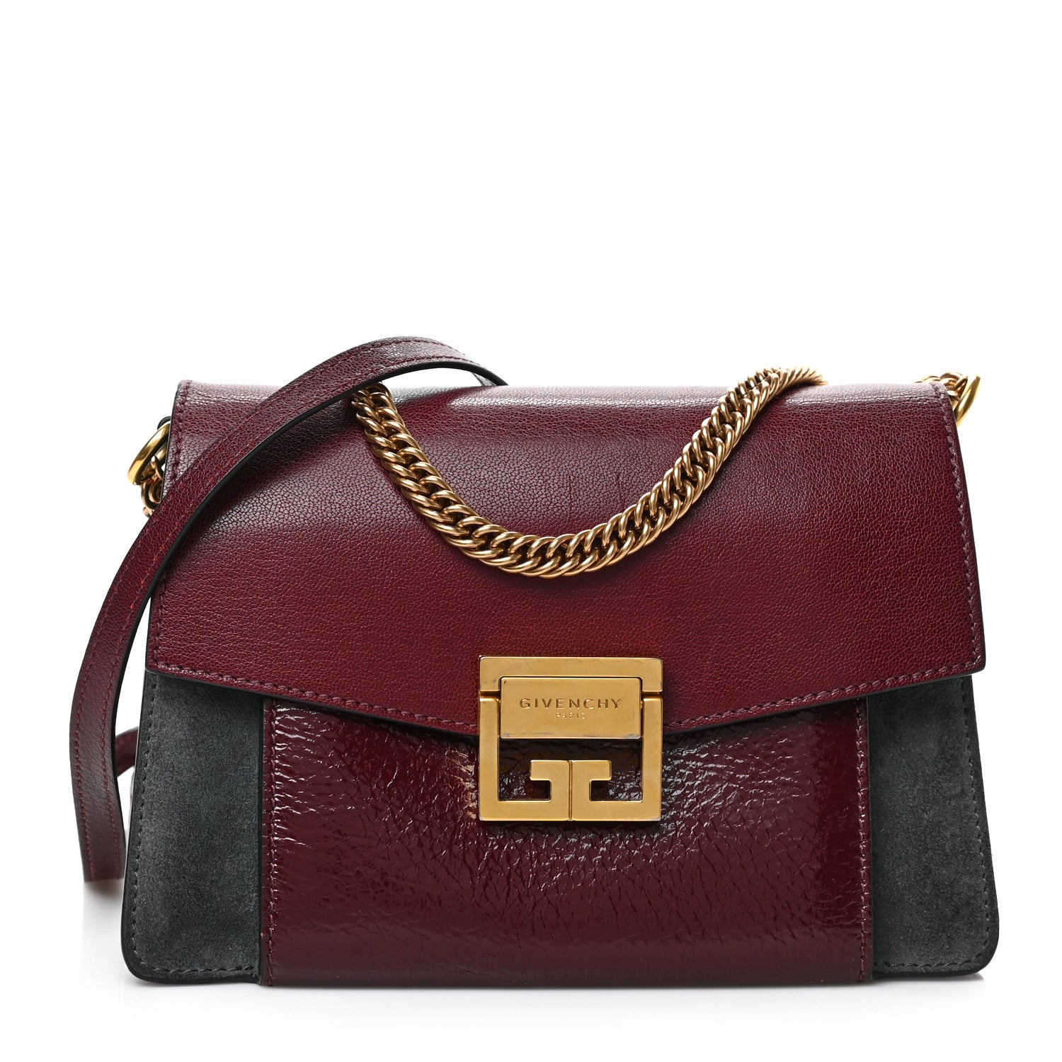 Givenchy Crinkled Patent Deerskin Suede Small GV3 Shoulder Bag Aubergine Graphite 1 of 8