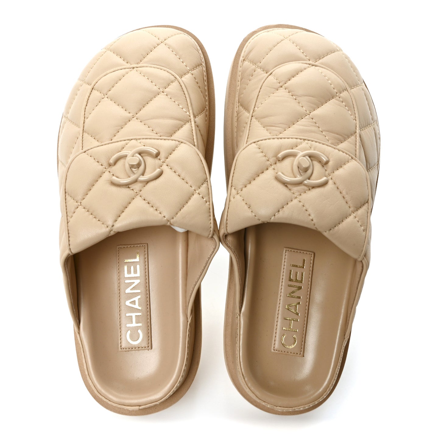 Lambskin Quilted CC Turnlock Mules  36 Beige