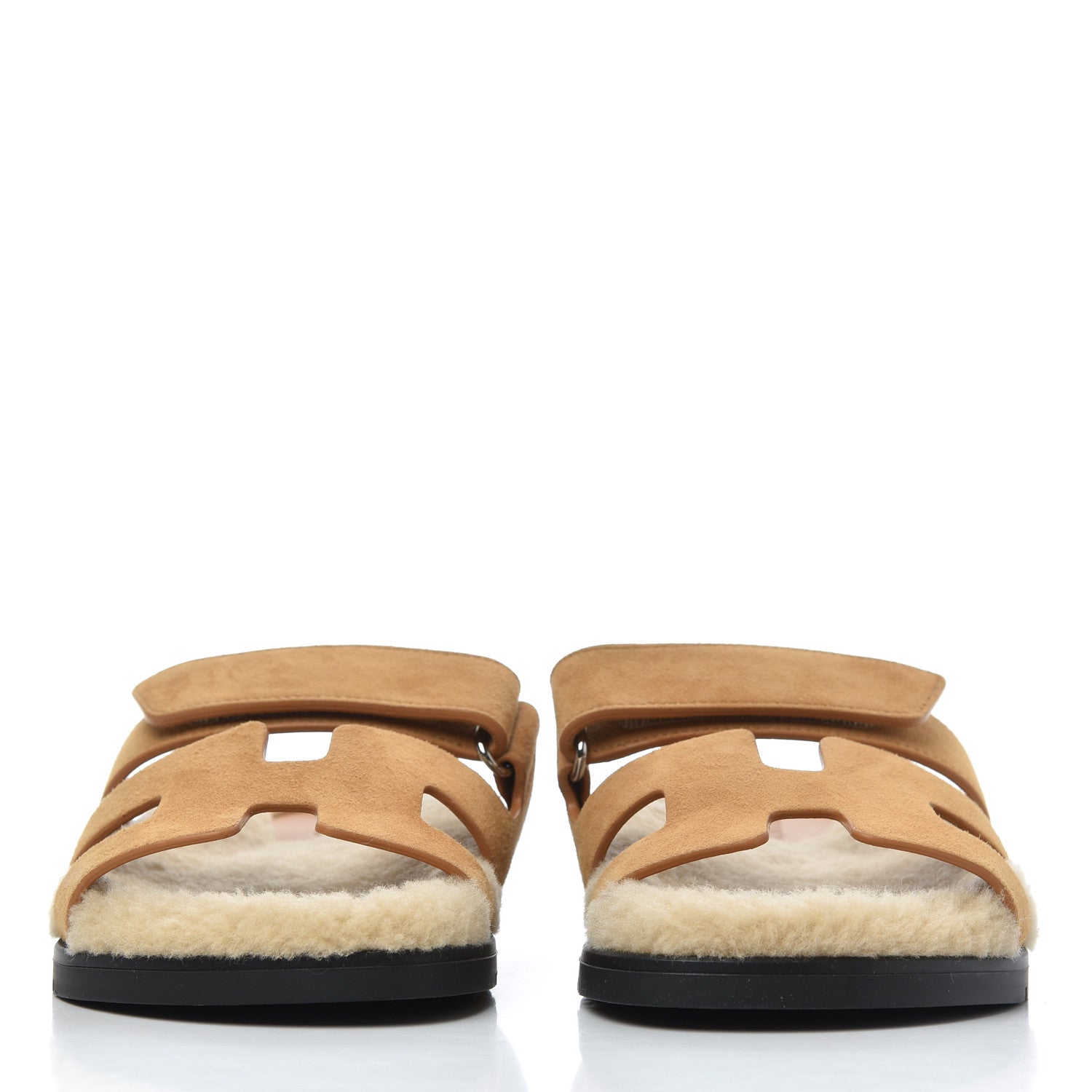 Hermes Suede Goatskin Woolskin Womens Chypre Sandals 37 Golden Beige 2 of 9
