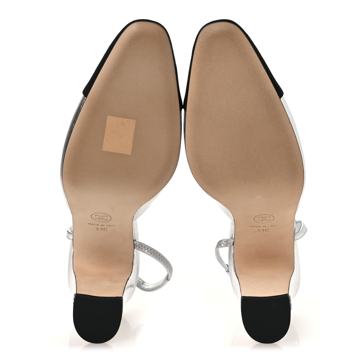 Laminated Crumpled Lambskin Grosgrain Cap Toe CC Slingback Pumps 41 Silver Black
