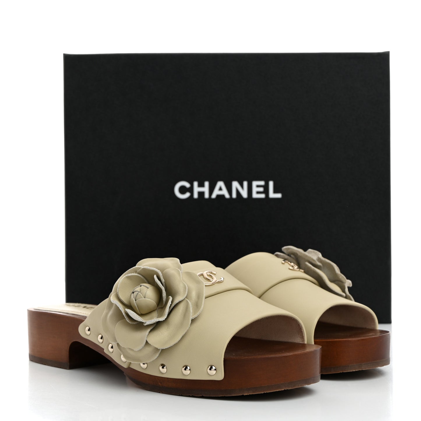 Calfskin Camellia Clogs 41 Light Beige