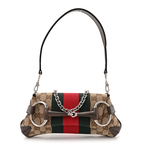 Monogram Textured Dollar Calfskin Heavy Grosgrain Web Small Maxi Horsebit Chain Shoulder Bag Beige Ebony New Acero