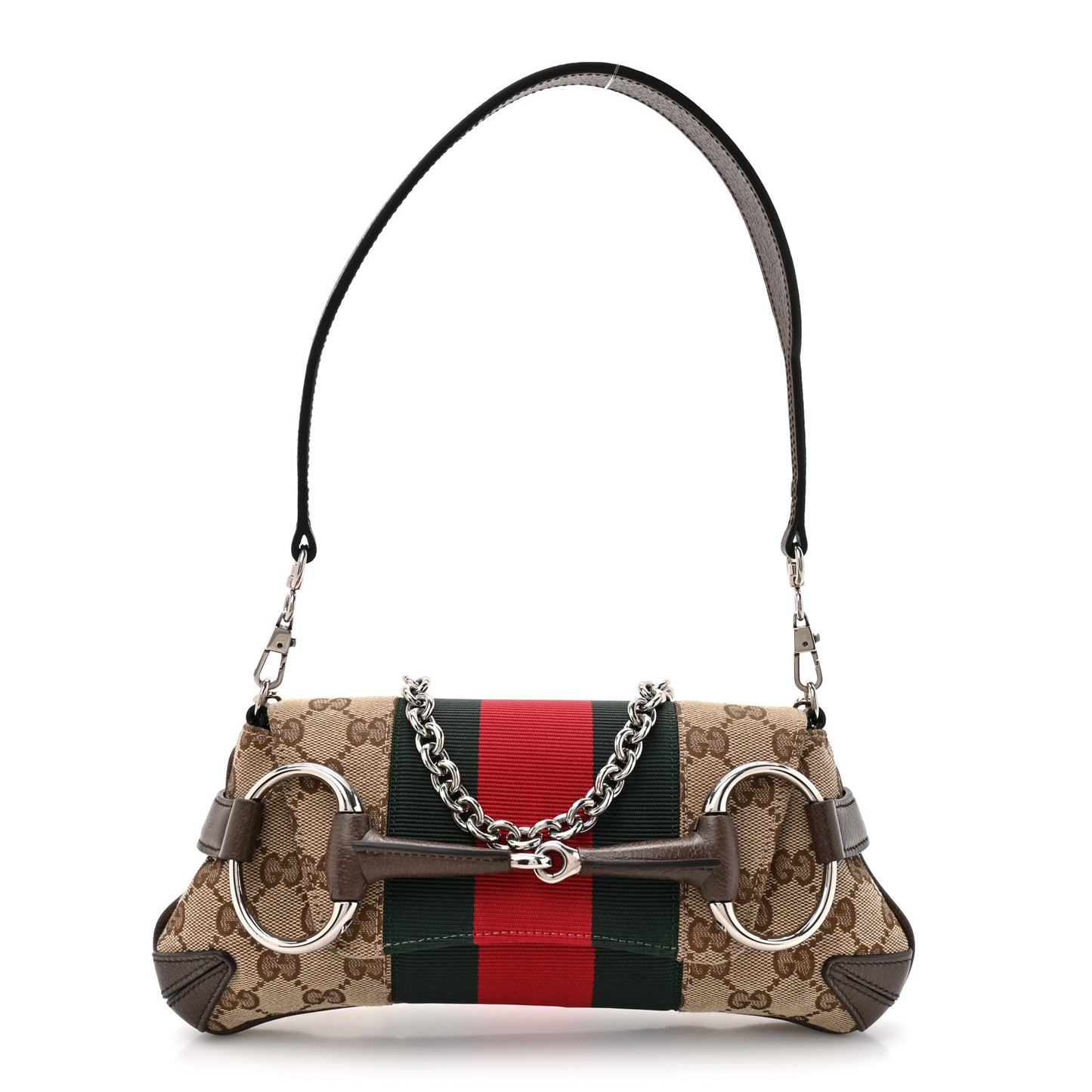 Monogram Textured Dollar Calfskin Heavy Grosgrain Web Small Maxi Horsebit Chain Shoulder Bag Beige Ebony New Acero