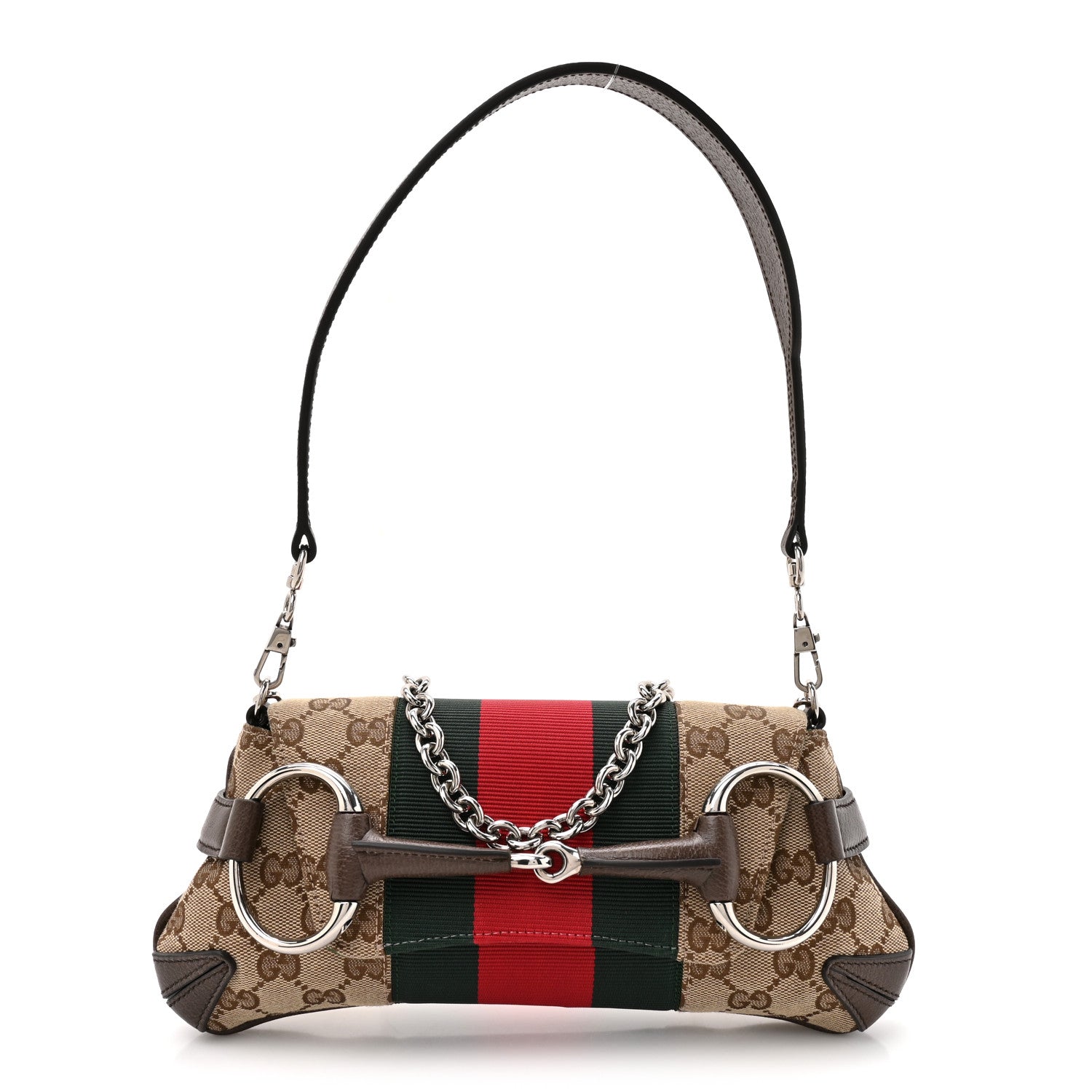Gucci Monogram Textured Dollar Calfskin Heavy Grosgrain Web Small Maxi Horsebit Chain Shoulder Bag Beige Ebony New Acero 1 of 10