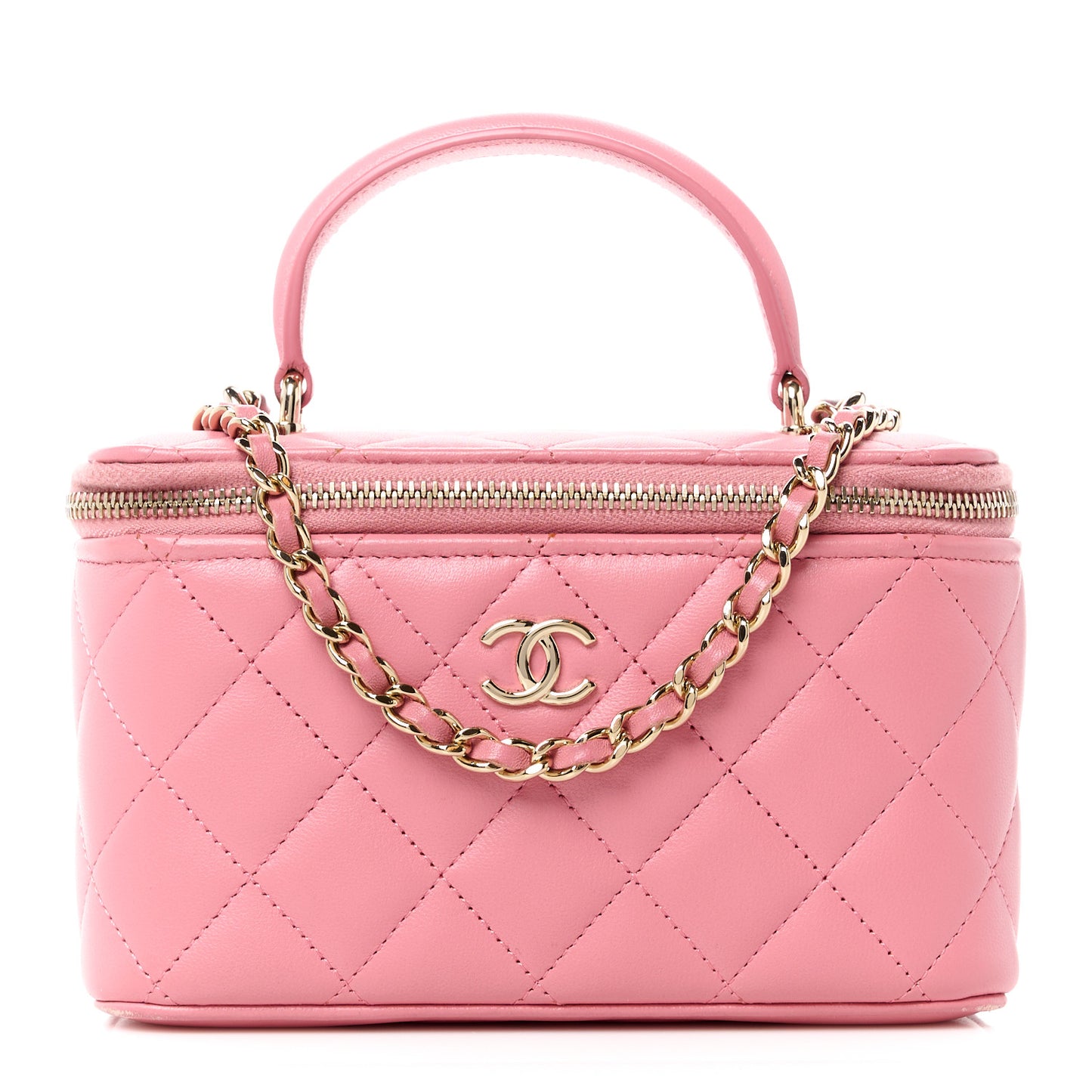 Lambskin Quilted Small Top Handle Vanity Case With Chain Dark Pink