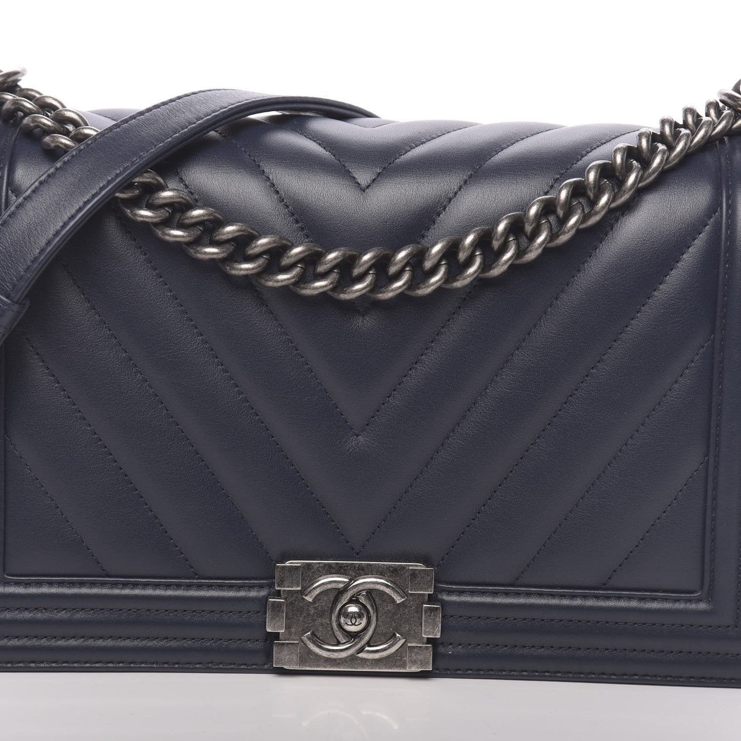 Calfskin Chevron Quilted New Medium Boy Flap Dark Navy Blue
