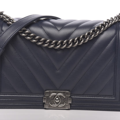 Chanel Calfskin Chevron Quilted New Medium Boy Flap Dark Navy Blue 8 of 10