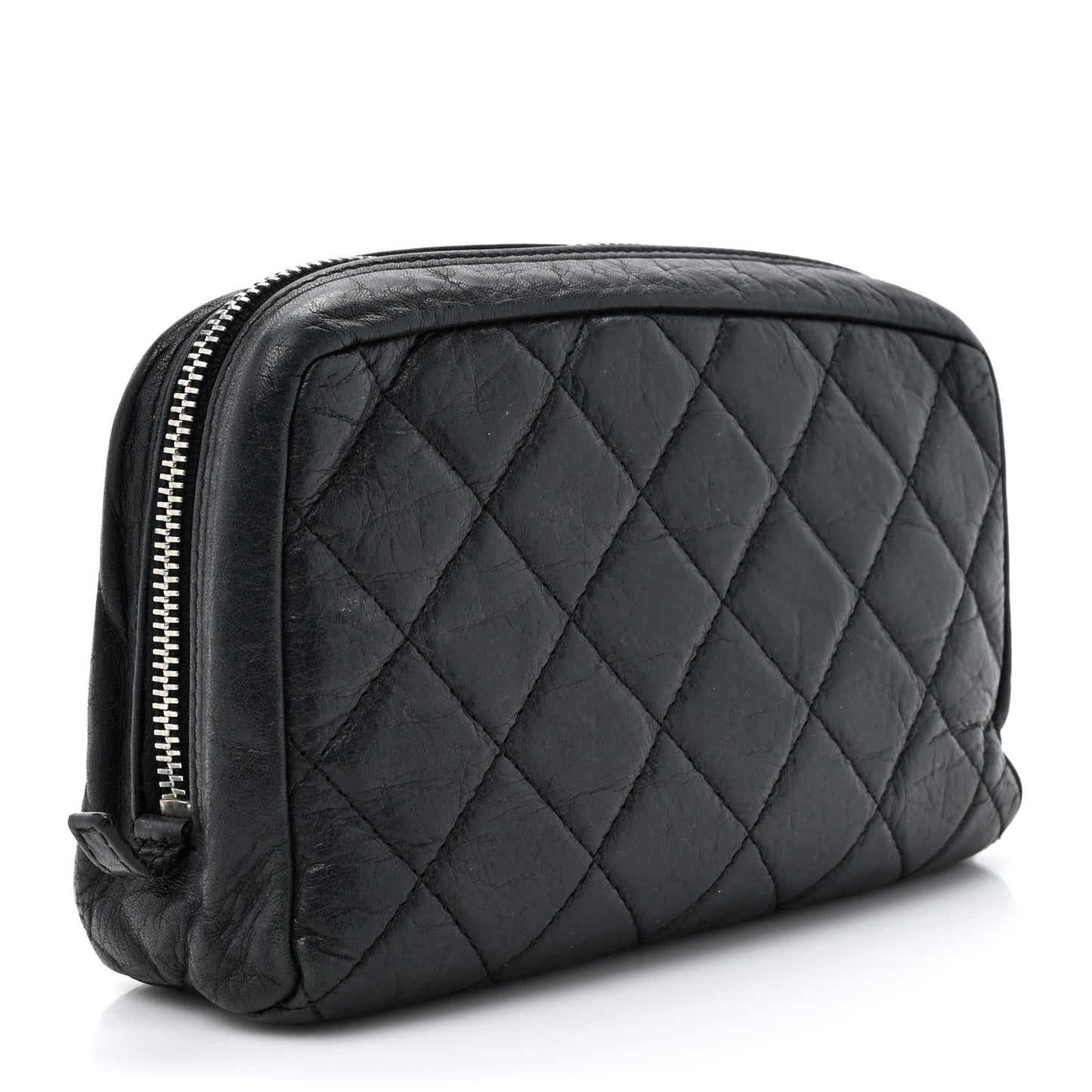 Aged Calfskin Quilted Cambon Cosmetic Case Argent Clair