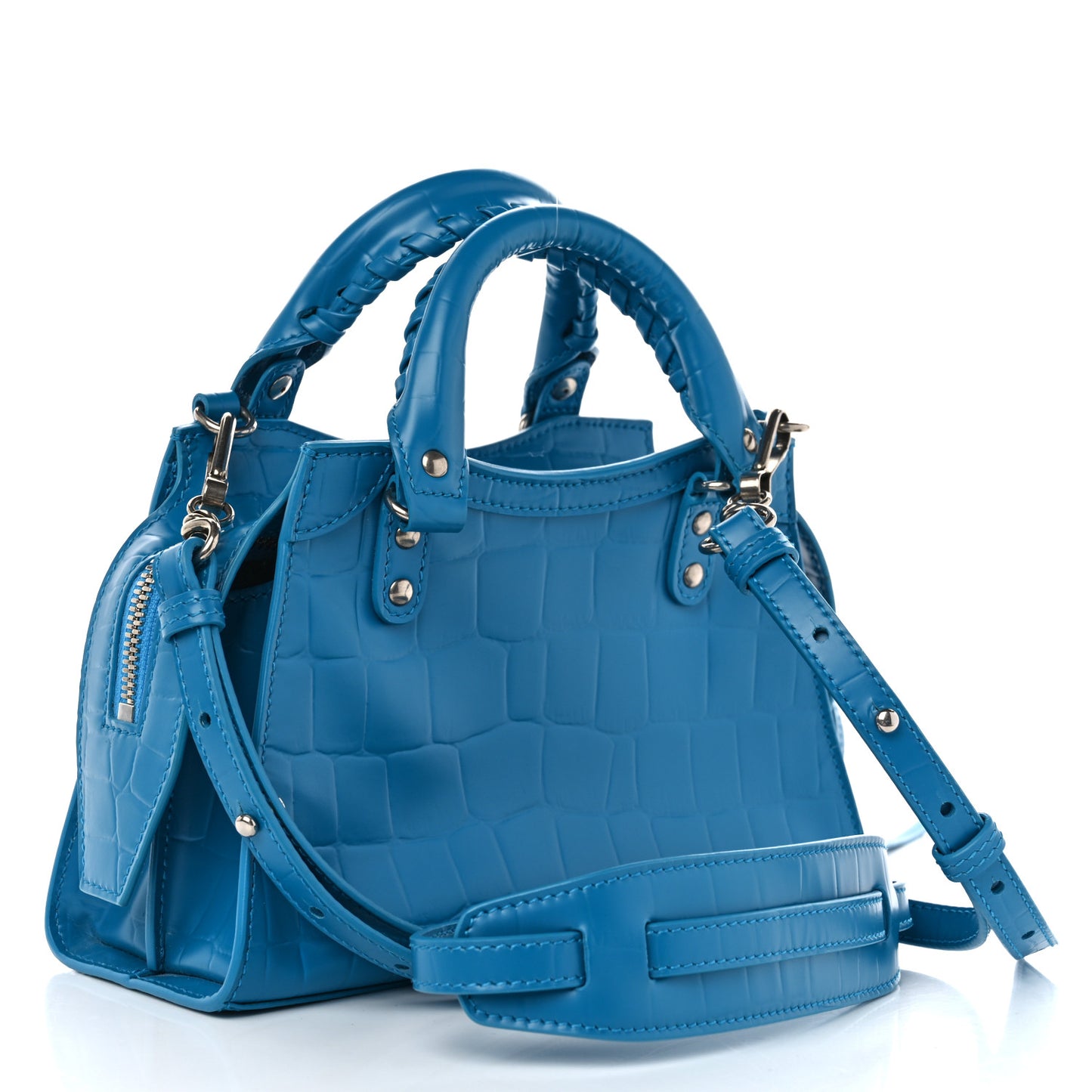 Semi Shiny Calfskin Crocodile Embossed Neo Classic Silver Hardware Mini City Turquoise