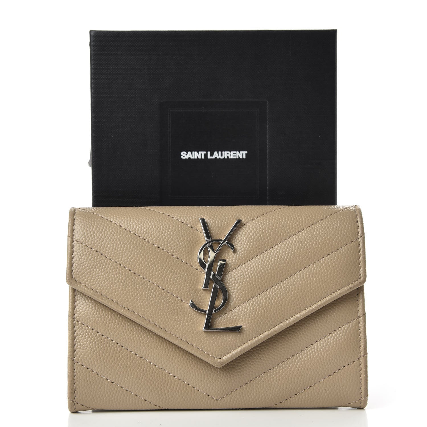 Saint Laurent Grain De Poudre Matelasse Chevron Small Monogram Envelope Wallet Dark Beige 7 of 7