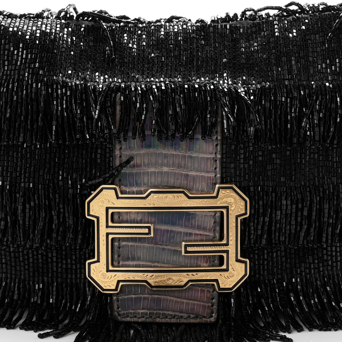 Iridescent Lizard Beaded Fringe Baguette Black