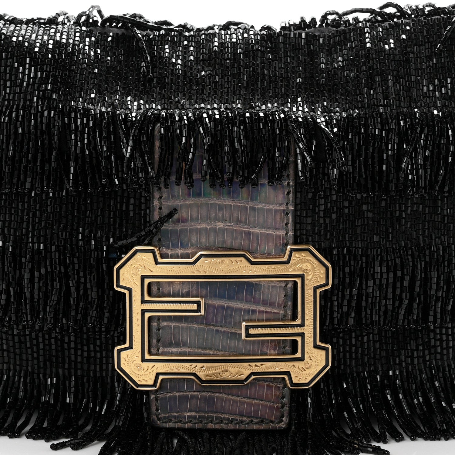 Fendi Iridescent Lizard Beaded Fringe Baguette Black 7 of 9