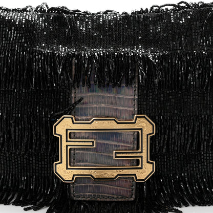 Fendi Iridescent Lizard Beaded Fringe Baguette Black 7 of 9