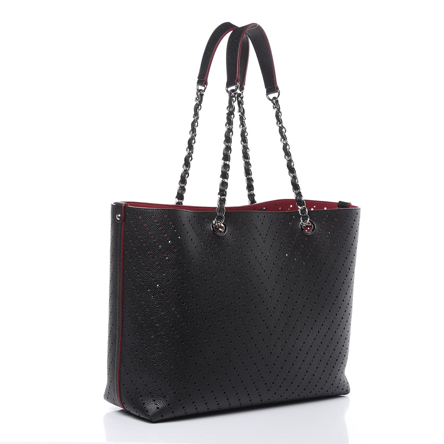Perforated Grained Calfskin Large Shopping Tote Black