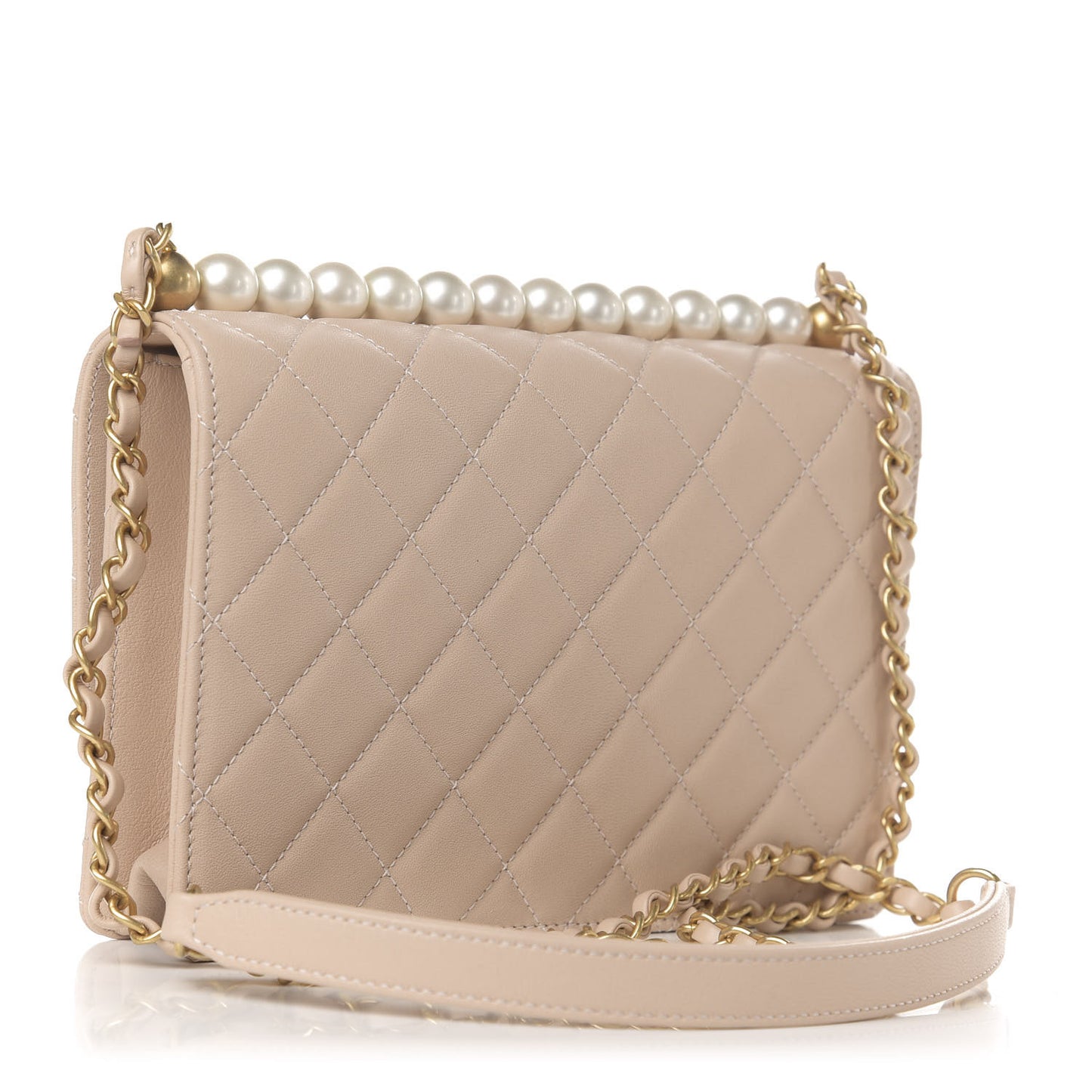 Lambskin Quilted Small Chic Pearls Flap Beige