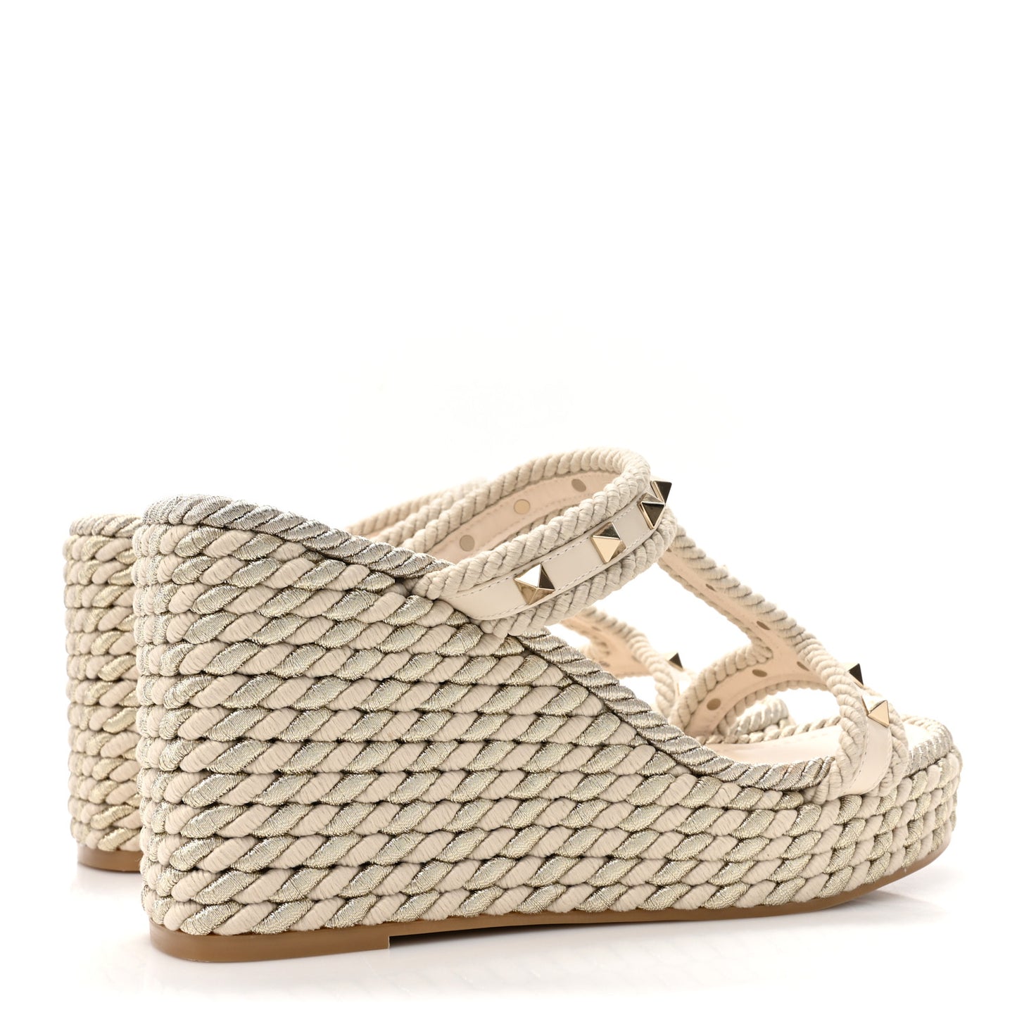 Calfskin Rockstud Ankle Strap Torchon Espadrille Caged 25/95mm Wedge Sandals 40 Light Ivory