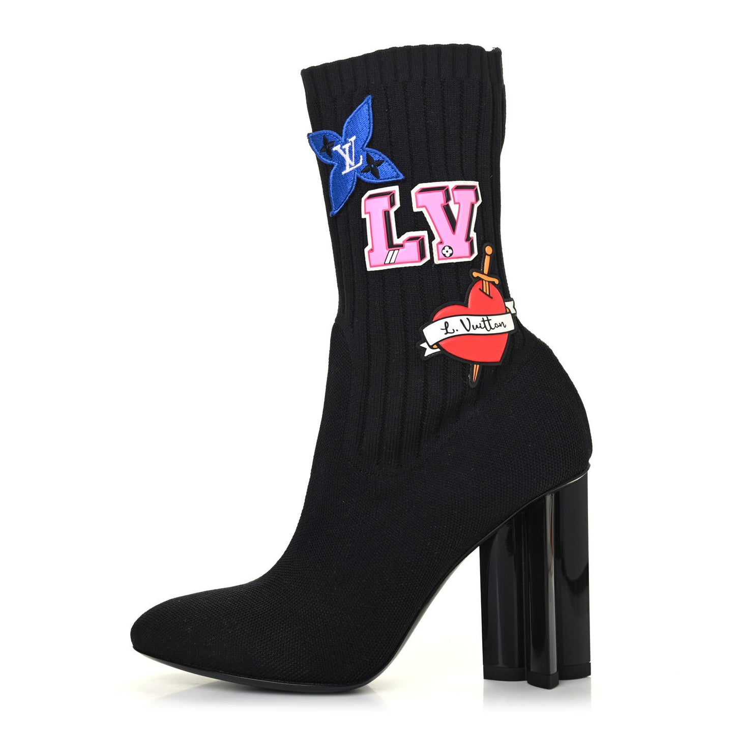 Stretch Fabric LV Black Heart Sock Ankle Boots 37.5 Black