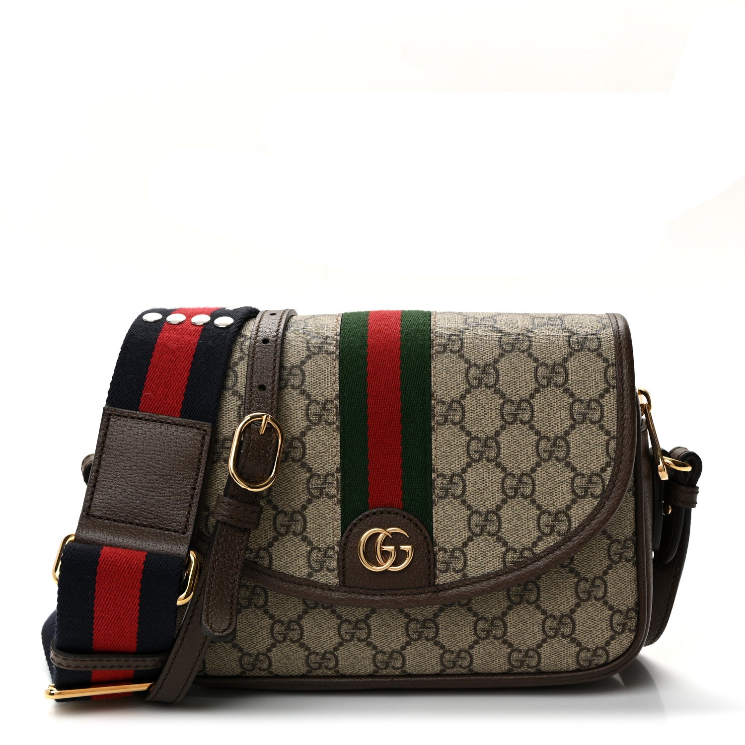 Gucci GG Supreme Monogram Textured Dollar Calfskin Web Studded Mini Ophidia Flap Shoulder Bag Beige Ebony New Acero 1 of 10