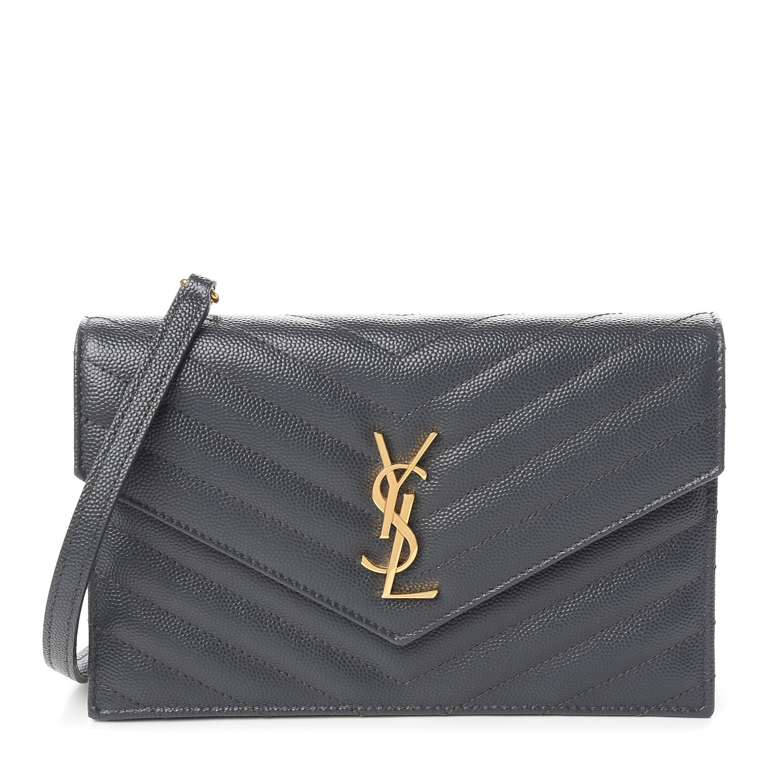 Saint Laurent Grain De Poudre Matelasse Chevron Monogram Envelope Chain Wallet Dark Smog 1 of 11